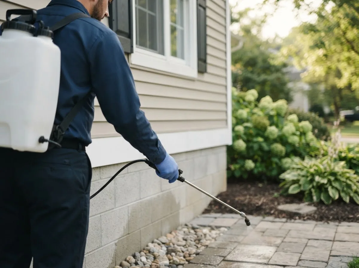 Pest control technician inspecting a home in Savoy, IL
